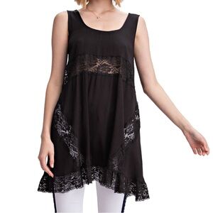Easel Black Sleeveless Relaxed Fit Tunic W/ Lace Details Size M Trapeze Slip